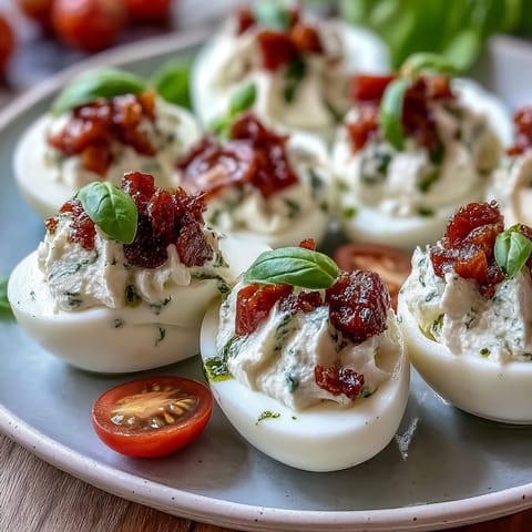 Delicious Caprese Deviled Eggs with vibrant basil oil and fresh tomato relish.