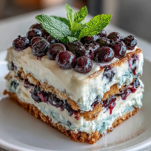 Cool, layered Lemon Blueberry Icebox Cake with vibrant berry swirls.