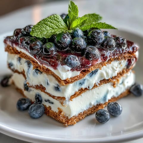 Chilled Lemon Blueberry Icebox Cake featuring creamy lemon filling and juicy blueberries.
