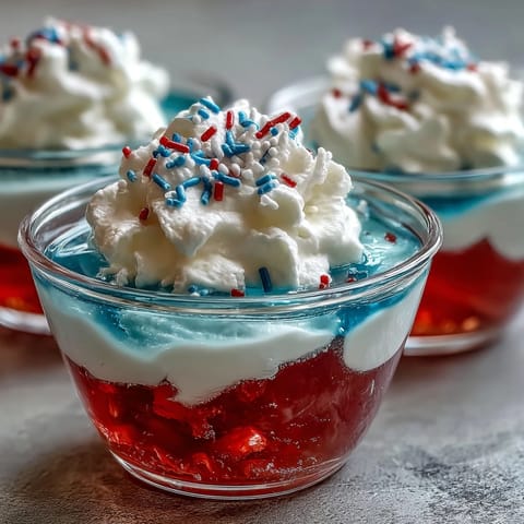 Festive 4th of July Firecracker Jello Shots sparkle with red, white, and blue layers.