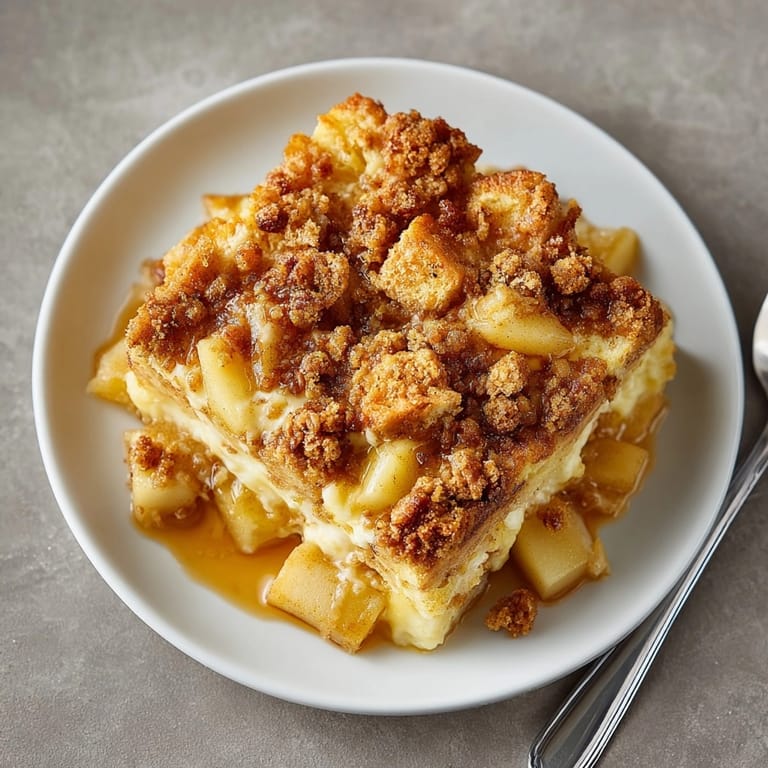 Savor the comforting blend of cinnamon and apples in this baked Chaos Apple Pie Crumb French Toast Skillet.