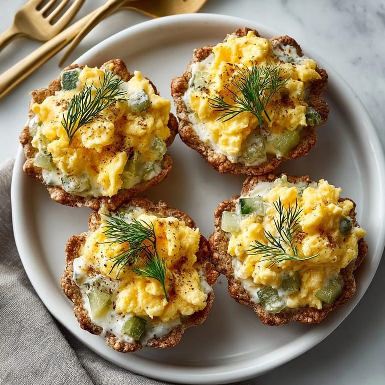 Tangy diced pickles top warm, flaky Pickle-Fix Dill Egg Biscuit Nests, ready to enjoy with family and friends.