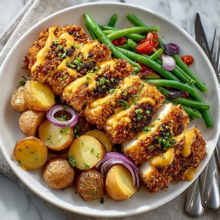 Imagine the savory Pretzel-Crusted Cherry Mustard Chicken, perfectly baked with colorful roasted vegetables.