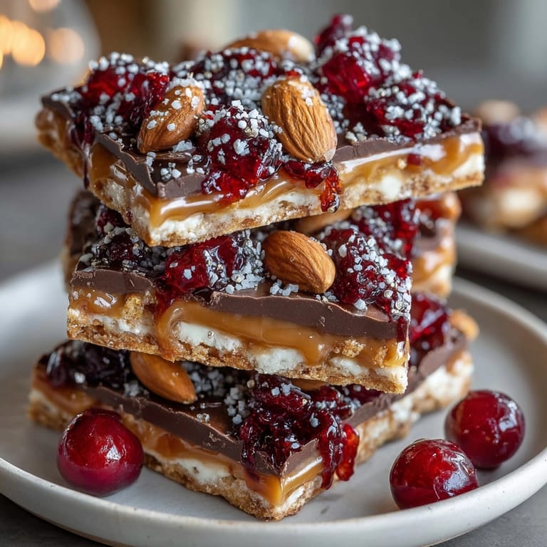 Crispy, buttery layers: close-up of finished cherry-coded toffee saltine cracker bark, perfect party dessert.