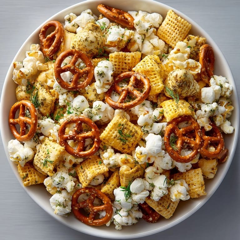 Vibrant, textured Dill Pickle Ranch Cracker-Pop Party Mix, ready to serve in a bowl, looks so delicious.