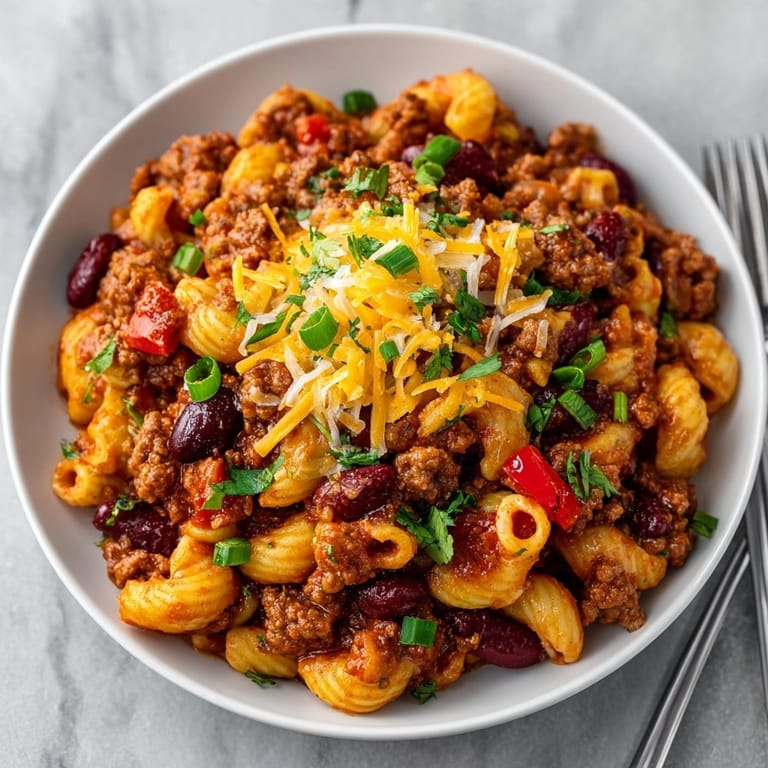 A close-up of savory one-pot cranberry turkey chili mac, with vibrant ingredients melding beautifully in a pot.