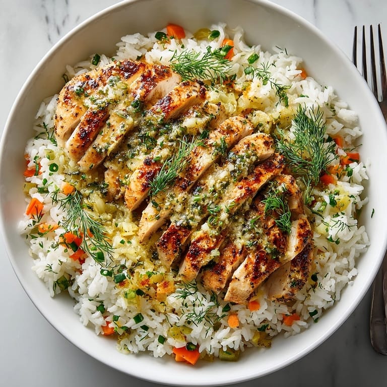 One-pan comfort: juicy chicken and flavorful rice make this easy Skillet Dill Pickle Chicken & Rice Pilaf.