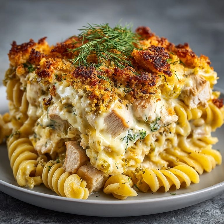 Close-up of a creamy, cheesy Pickle Chip Crusted Chicken Pasta Bake, with visible crunchy topping.