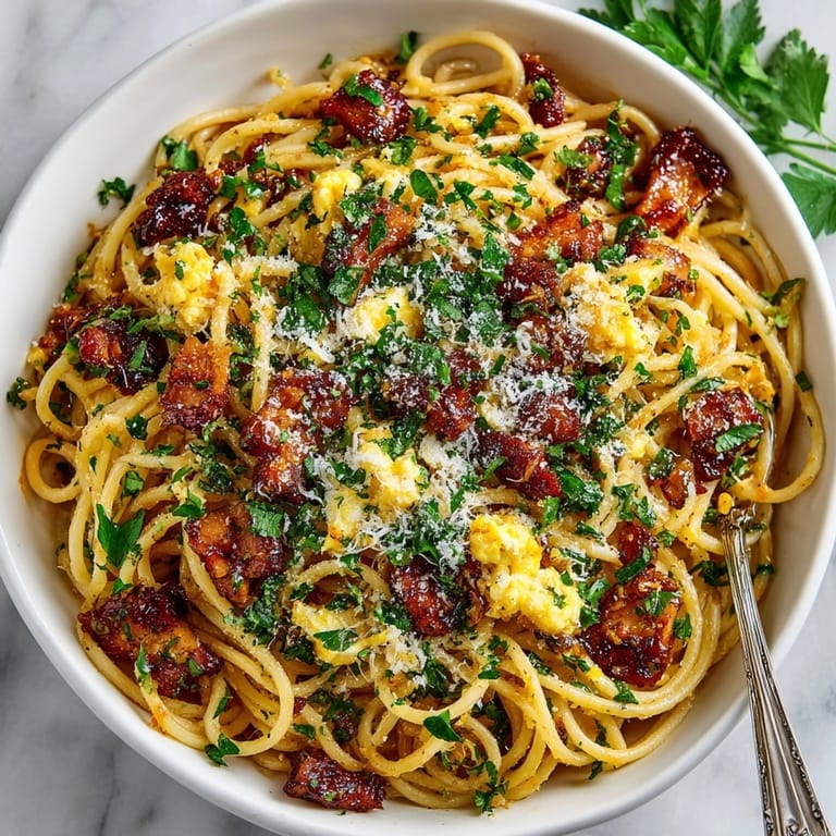 Plated Cherry Glazed Ham Breakfast Pasta dish, garnished with herbs and parmesan, ready to eat.