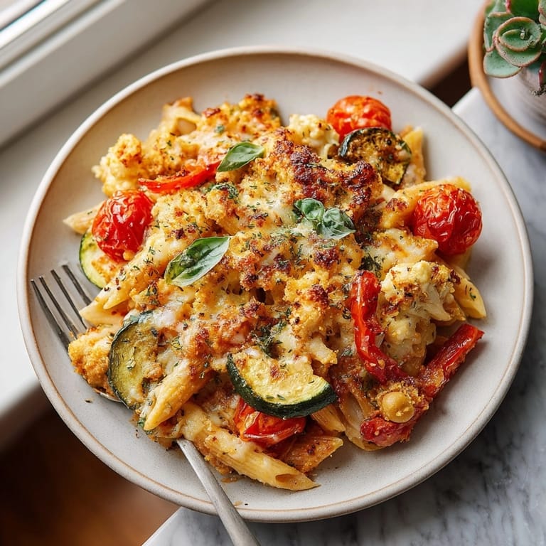 Rustic, baked ghost pepper chickpea pasta dish featuring vibrant roasted vegetables and creamy sauce.