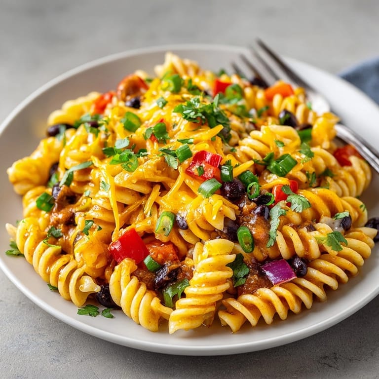 A creamy, cheesy Cheesy Black Bean Chili Pasta with a rustic texture, perfect for a hearty dinner.