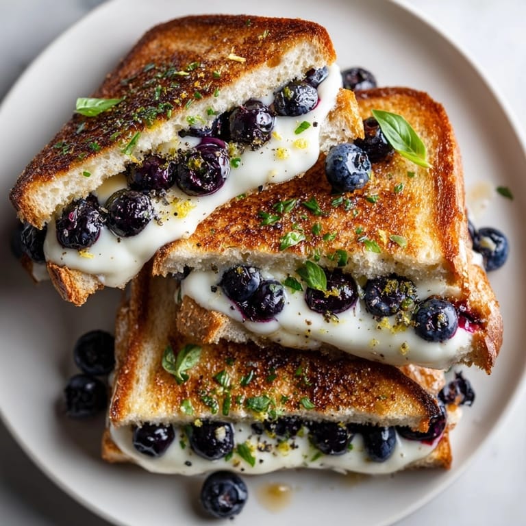 Close-up of a sliced Midnight Blueberry Grilled Cheese, showing fresh blueberries nestled with melted brie between toasted bread.