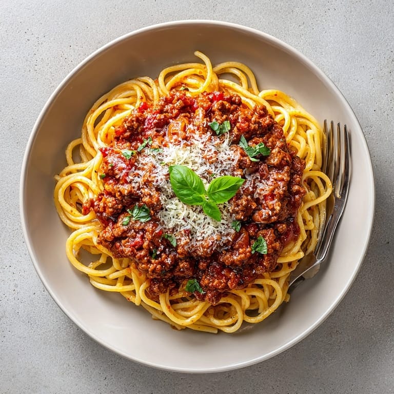 Plated Halloween "Brain" Pasta Bolognese with hearty meat sauce and optional fresh basil for a festive meal.