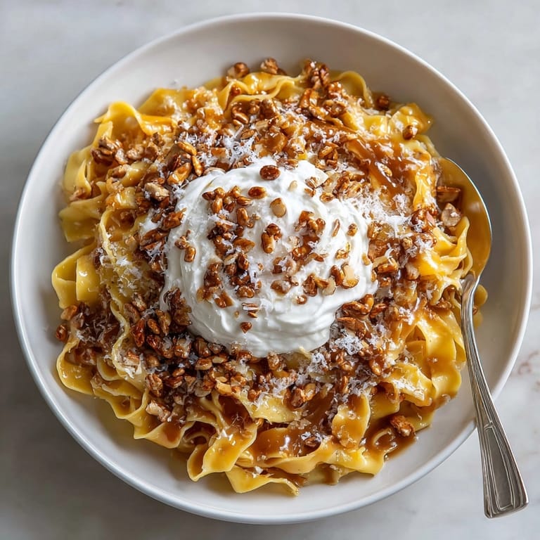 A plated serving of sweet and salty salted caramel pasta with a delightful pretzel crunch garnish.