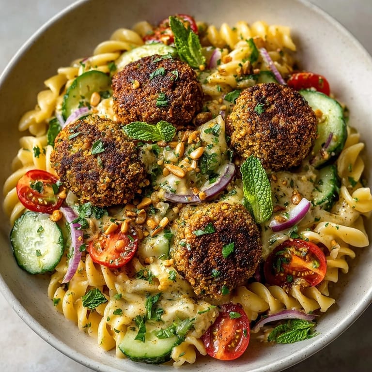 Vibrant close-up showcasing the textures of Falafel Pasta with Tahini Sauce, ready to be enjoyed.
