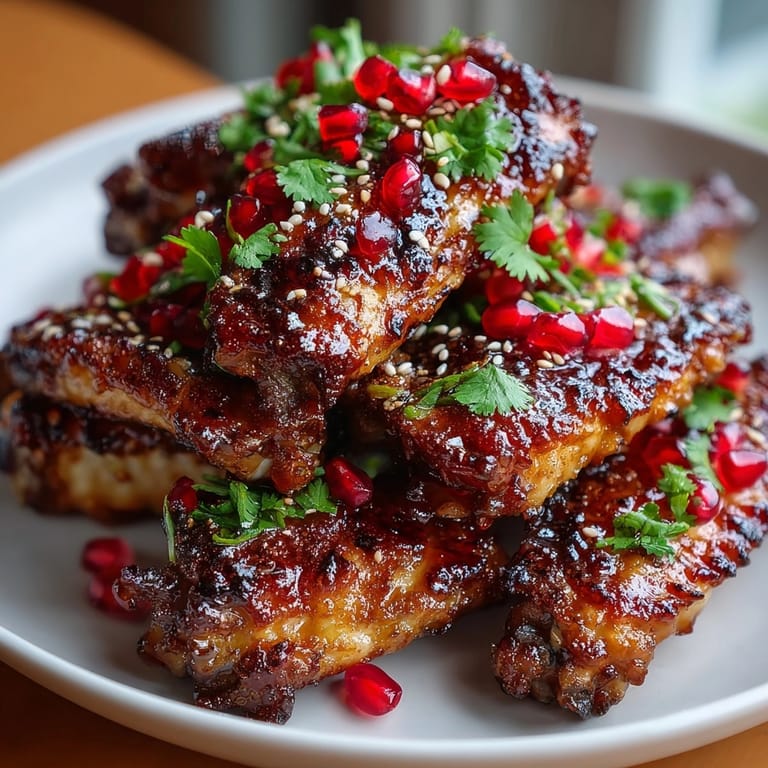 Crispy baked pomegranate glazed chicken wings on a platter, glistening with sweet-savory glaze.