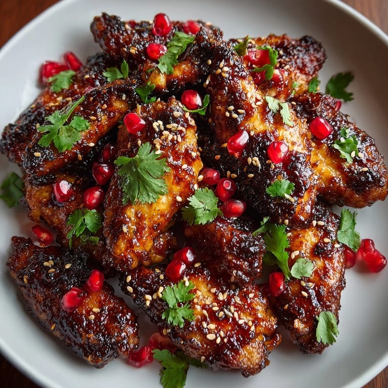 Sweet and tangy pomegranate glazed chicken wings, piled high and ready for game day appetizers.