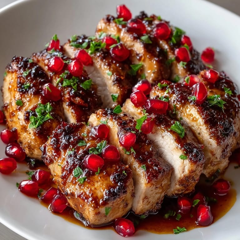 Pomegranate glazed pork tenderloin garnished with fresh arils and parsley, ready for a festive dinner.