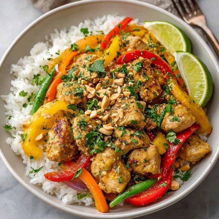 Creamy Thai Peanut Chicken Curry with colorful peppers and snap peas in rich coconut sauce.