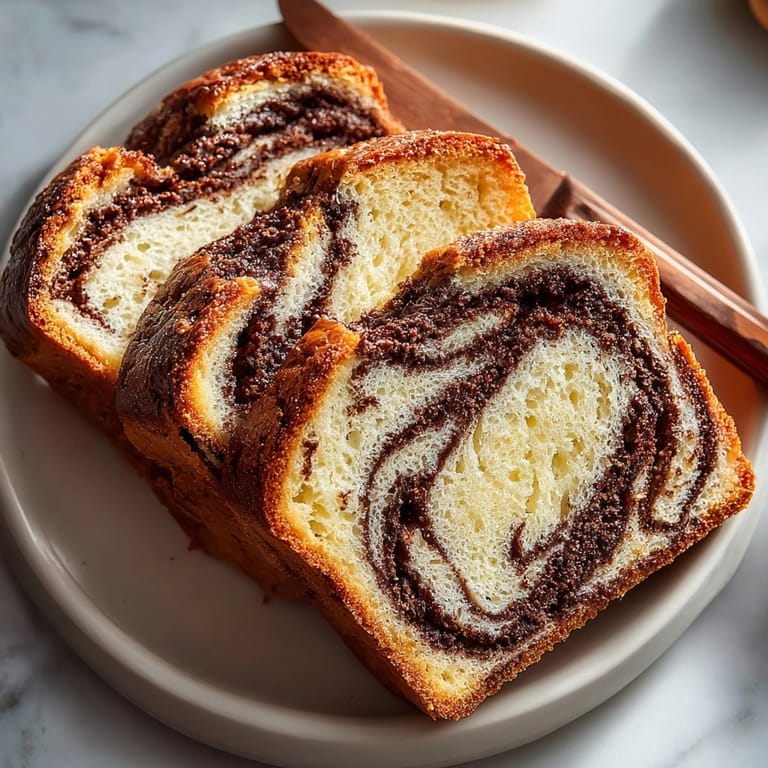 Warm chocolate cinnamon swirl bread loaf resting on a wire rack, ready to serve