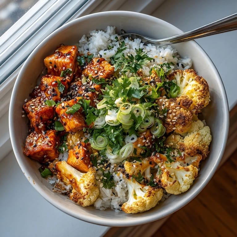Freshly assembled Sriracha Honey Salmon Bowls served warm with golden cauliflower and tangy glaze over rice.