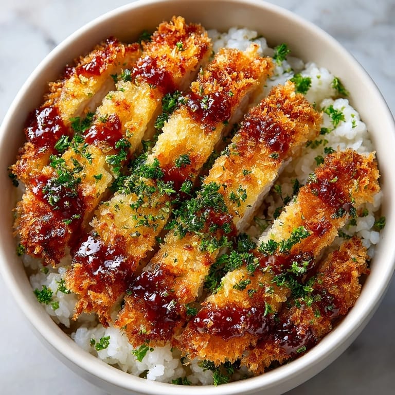 Freshly fried Japanese katsu bowl served hot, topped with tonkatsu sauce and green onions.