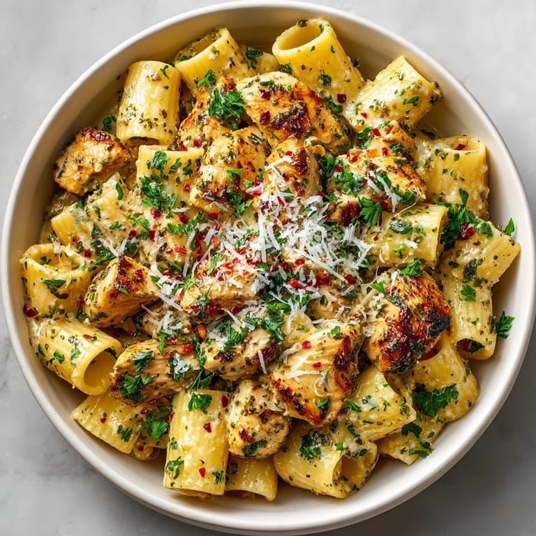 Close-up of tender Garlic Butter Chicken with Rigatoni and Parmesan, finished with grated Parmesan cheese