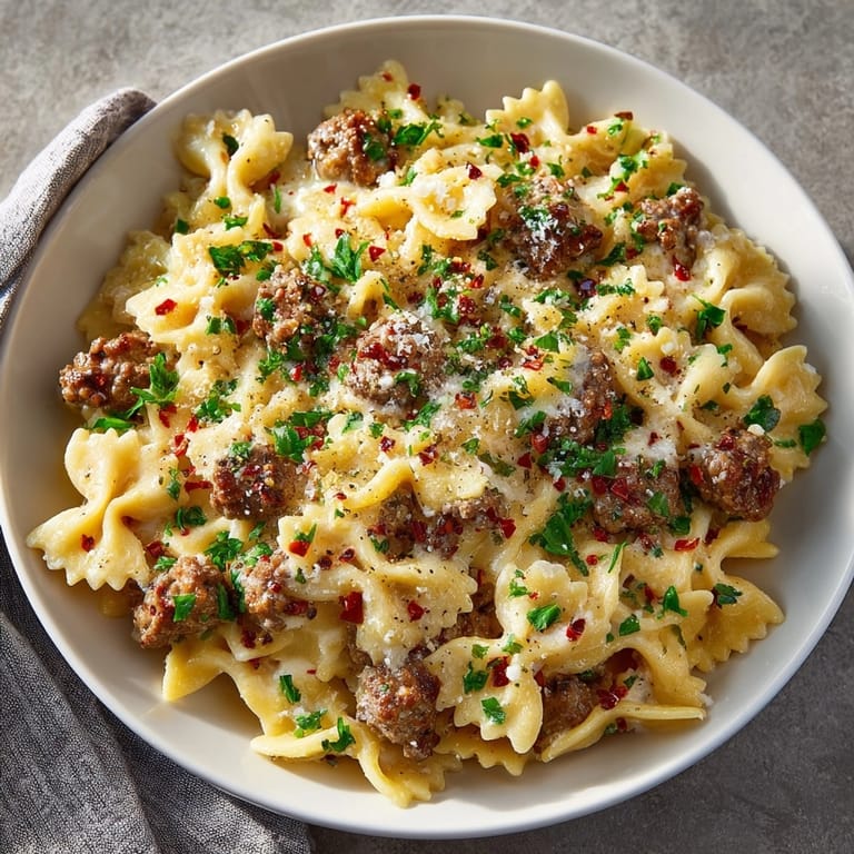Close up of Beef and Bowtie Pasta with Alfredo Sauce topped with fresh parsley garnish.