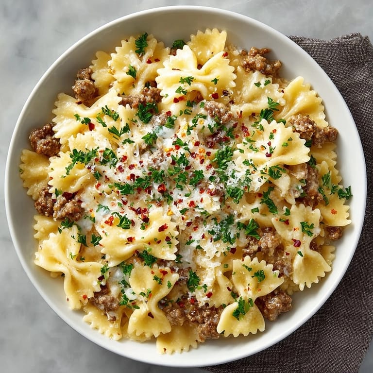 Creamy Beef and Bowtie Pasta with Alfredo Sauce in a skillet, ready for a comforting dinner.