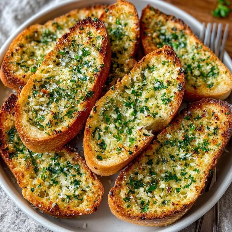 Crispy air fryer garlic bread with bubbling garlic butter and a sprinkle of herbs, ready to eat.