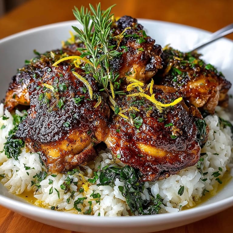 Golden chicken thighs atop fluffy rice in a Garlic Herb Chicken and Rice Skillet, ready for dinner.