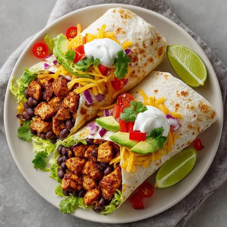 Closeup of Cajun Black Bean Chicken Burritos bursting with spicy chicken, melted cheese, and colorful veggies.