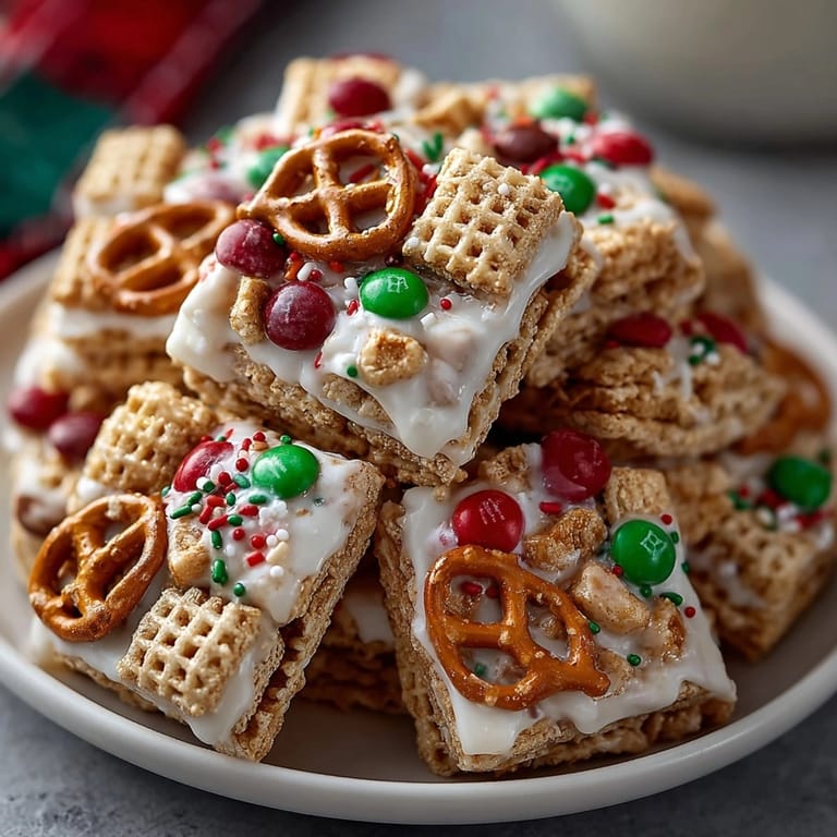 Homemade White Chocolate Holiday Chex Mix coating crispy cereal and pretzels, ready to serve.