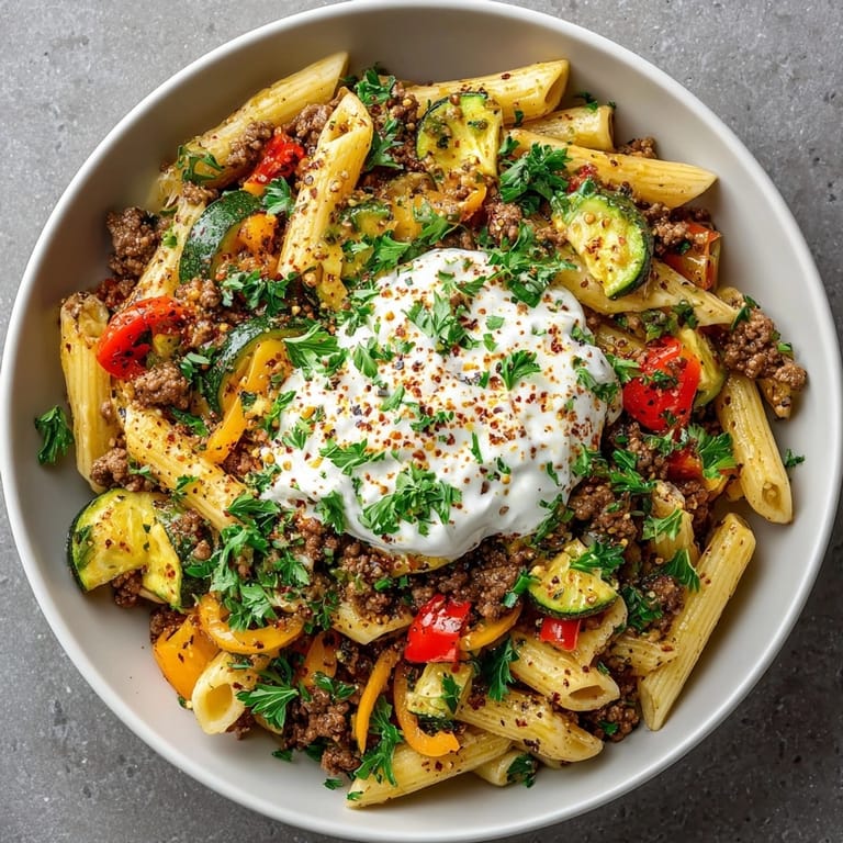 Homemade Quick Turkish Pasta Bowl, ready to serve with fresh parsley and toasted pine nuts.