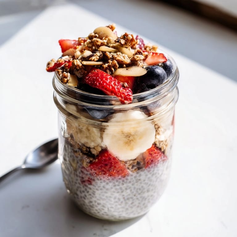 Close-up of a vibrant Chia Pudding Parfait, showing chia seeds suspended in almond milk.
