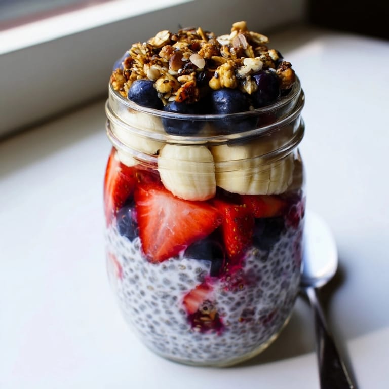 Refreshing vegan Chia Pudding Parfait recipe with layers of fruit and nutty granola topping.