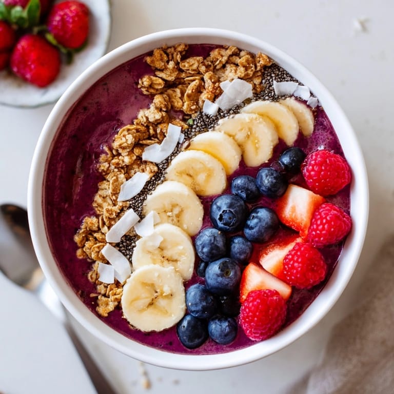 Close-up of a freshly made Acai Bowl topped with fruit, perfect for a healthy breakfast.