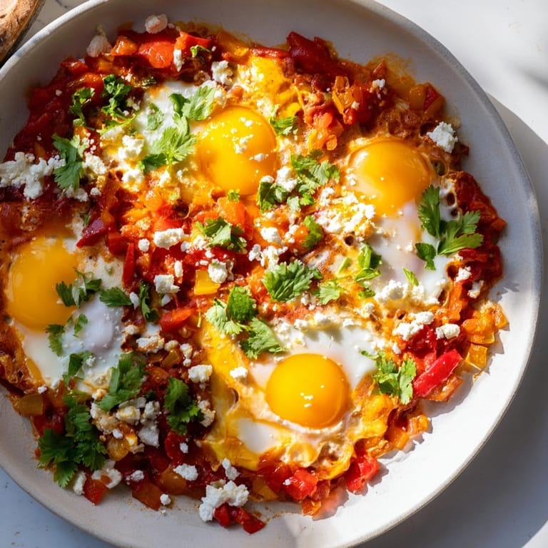 Close-up of vibrant Shakshuka with runny egg yolks, ready to be enjoyed.