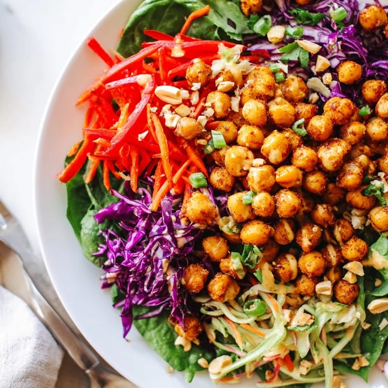 Golden brown Thai Peanut Roasted Chickpea Salad, aromatic spices, and fresh herbs, plated beautifully.