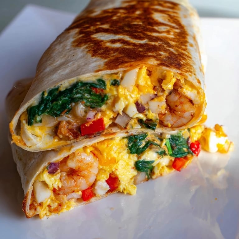Fluffy Shrimp &amp; Spinach Breakfast Burritos brimming with cheese, ready to be enjoyed with salsa.
