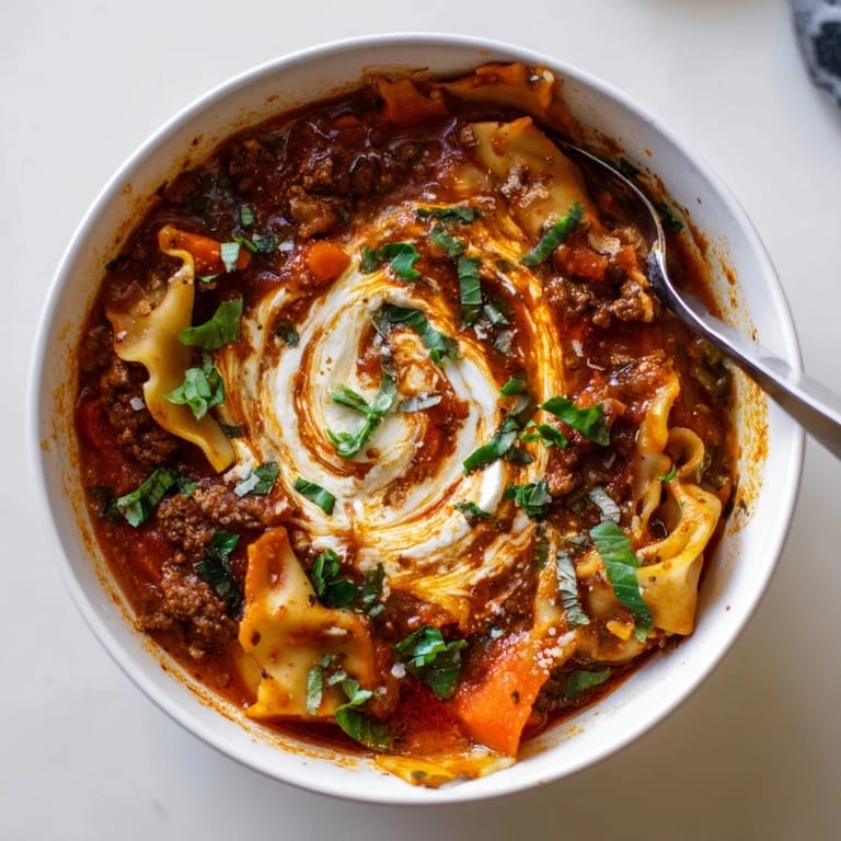 Warm and comforting Lasagne Soup with Caramelized Onion Swirl, perfect for chilly evenings.  