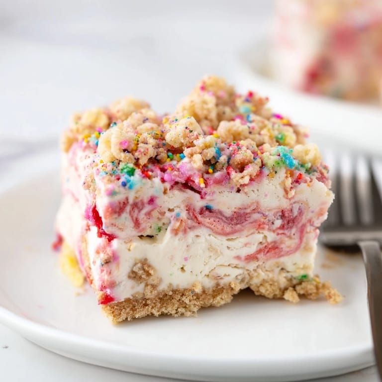 Indulge in Cherry Cheesecake Birthday Cake Bars with a buttery vanilla crust and cherries.  