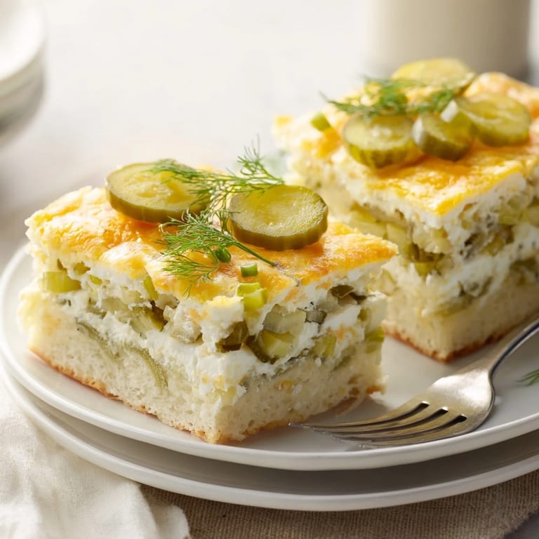 Baked Dill Pickle Casserole Pancake Squares, a tangy and cheesy brunch delight.  