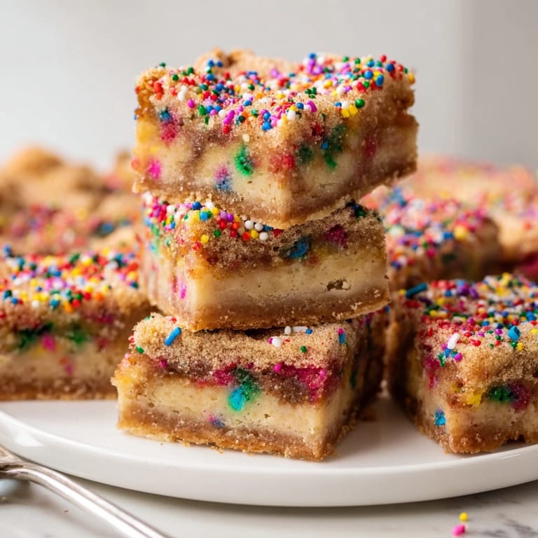 Decadent Cinnamon Sugar Funfetti Pie Bars perfect for party desserts or sweet snacking.