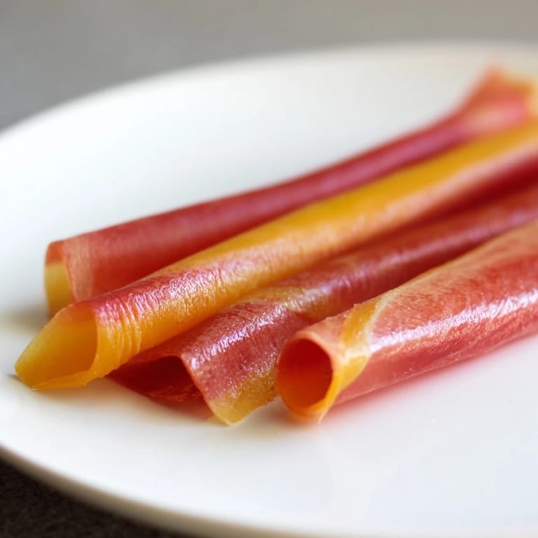 Colorful fruit leather is rolled up for easy snacking, perfect as a sweet treat.