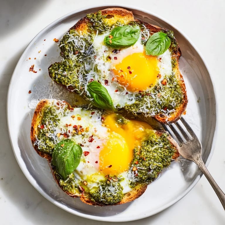 Vibrant Express Pesto Eggs nestled in aromatic pesto, perfect for a quick, herby brunch.