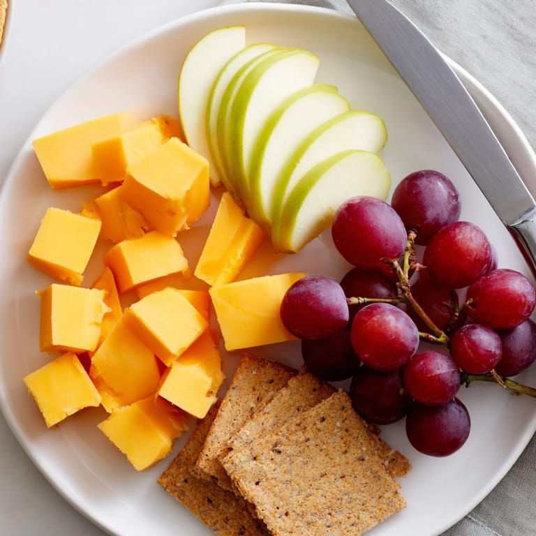 Colorful snack plate arranged with savory cheese, sweet grapes, and crisp apple slices.