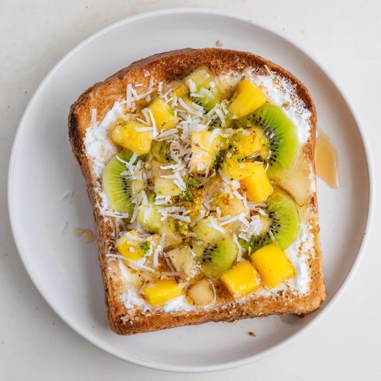 Delicious yogurt-custard toast bursting with mango, kiwi, and pineapple flavors.  