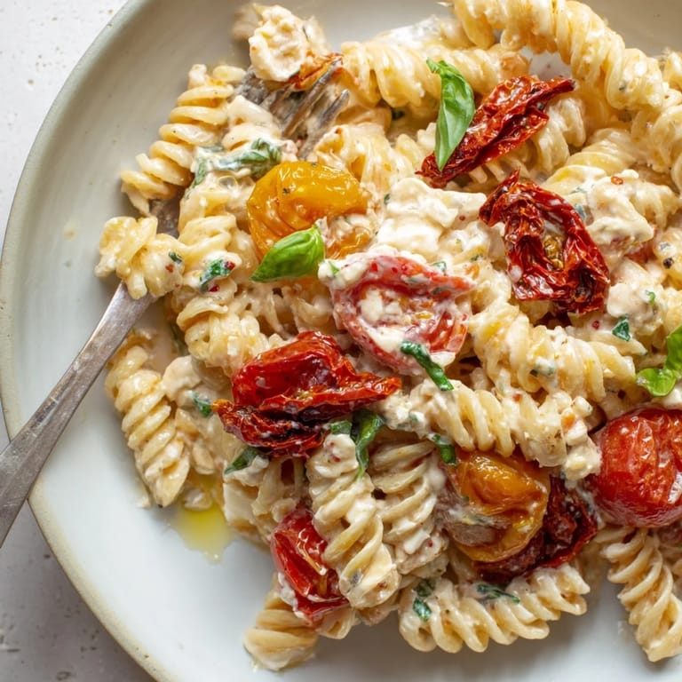 Baked Feta Pasta emerges golden, mingling flavors of garlic and fresh basil in each bite.  