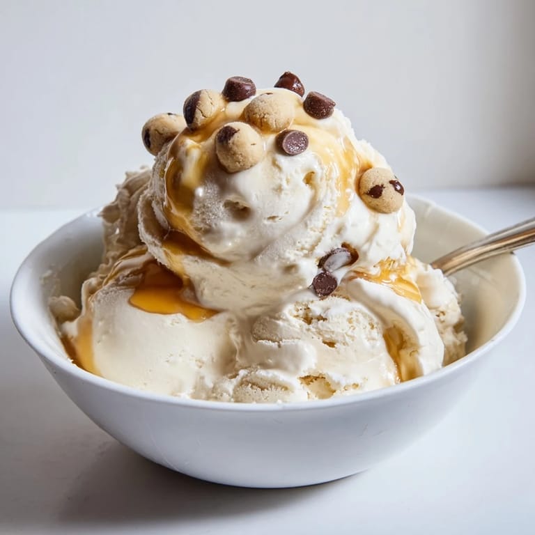 Delicious homemade cottage cheese ice cream showcasing vibrant, edible cookie dough pieces throughout.